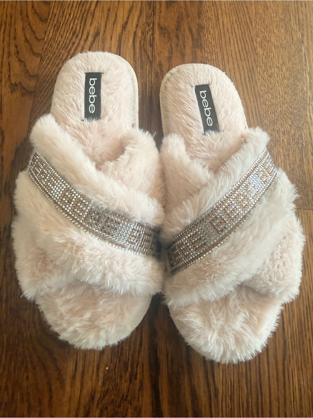 bebe Blush Faux Fur Slide Slippers with Crystal Band size 8